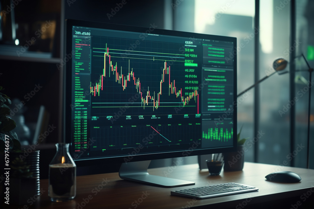 Poster computer monitor with trading charts: candlestick graph of stock market investment. improved busines