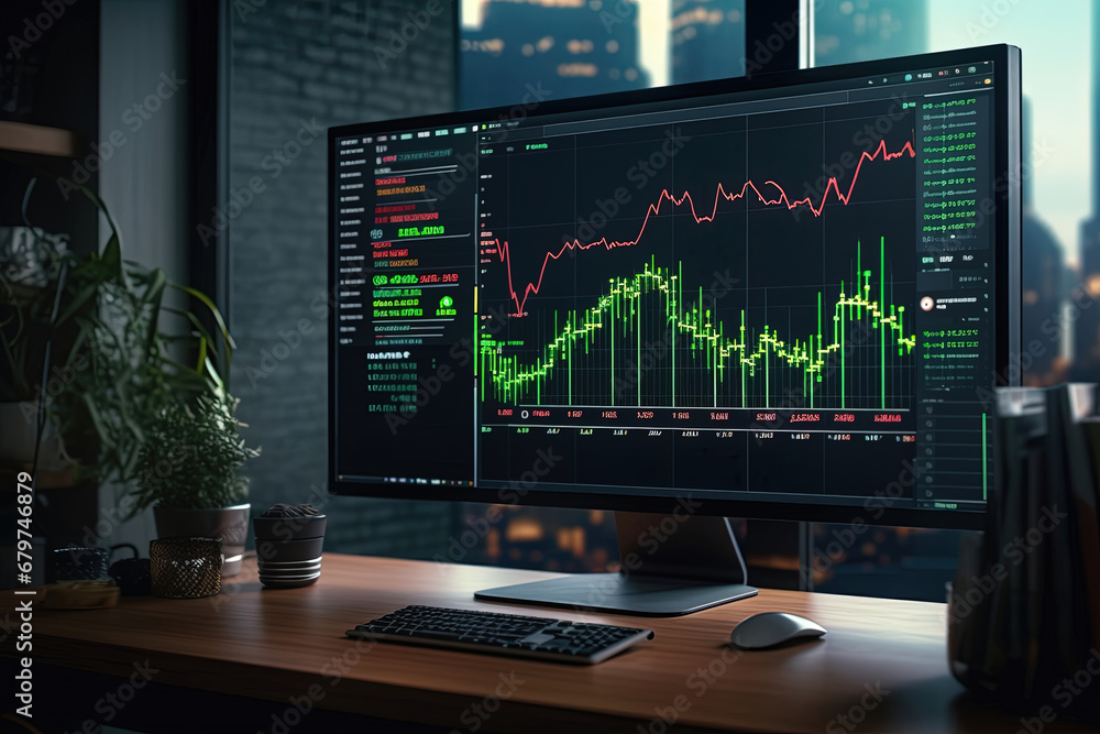 Poster computer monitor with trading charts: candlestick graph of stock market investment. improved busines