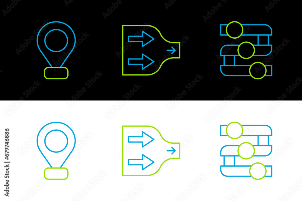 Poster set line graph, chart, diagram, location and arrow icon. vector