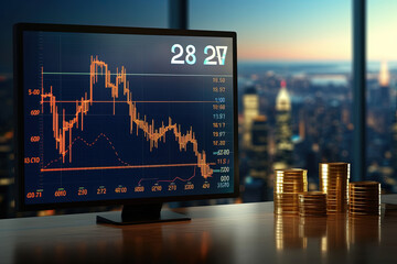 Computer Monitor with Trading Charts: Candlestick Graph of Stock Market Investment, Gold Coins. Business Success Concept, Wealth, and Stock Investment