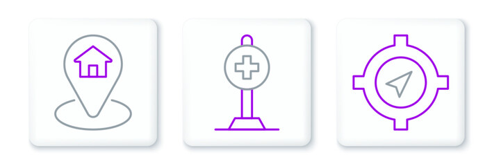 Set line Compass, Location with house and cross hospital icon. Vector