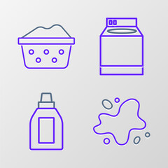 Set line Water spill, Bottle for cleaning agent, Washer and Basin with soap suds icon. Vector