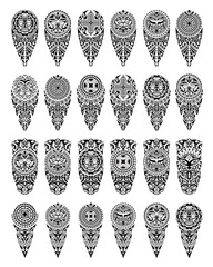 Set of tattoo sketch maori style for leg or shoulder with sun symbols face and swastika. Black and white. - obrazy, fototapety, plakaty