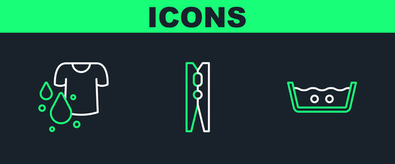 Set line Temperature wash, Dirty t-shirt and Clothes pin icon. Vector