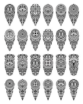 Set of tattoo sketch maori style for leg or shoulder with sun symbols face and swastika. Black and white.