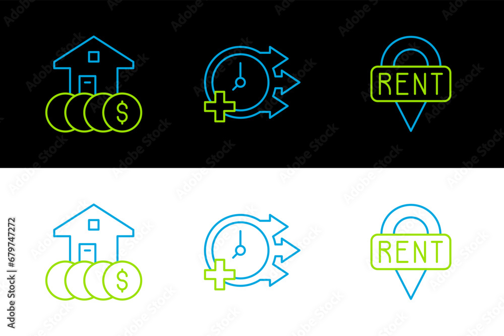 Poster set line location key, house with dollar and clock icon. vector