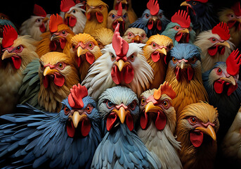 Hühner und Hähne - Viele Tierköpfe füllen das Bild aus. Niedliche Tiere schauen zum Betrachter - obrazy, fototapety, plakaty