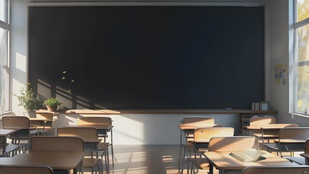 empty school or university classroom with neat desks,  black chalkboard and chairs. Cartoon or anime watercolor painting illustration style. seamless looping 4K virtual video animation background.