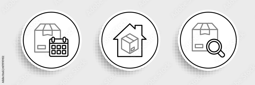 Poster set line search package, cardboard box with calendar and home delivery services icon. vector