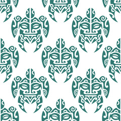Seamless pattern with sea turtles. Marine life. Maori pattern. Stylish background. Blue and white. - obrazy, fototapety, plakaty