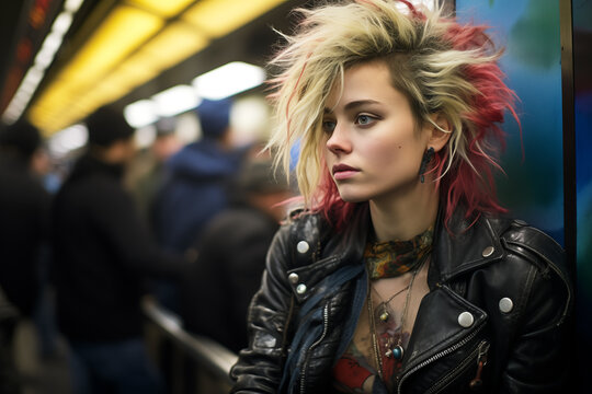 Punk girl waiting at a New York subway station