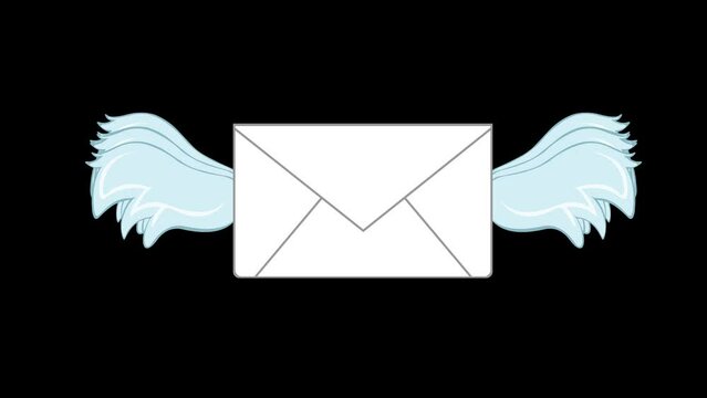 video animation cartoon illustration envelope card letter with moving wings. On a transparent background with zero alpha channel