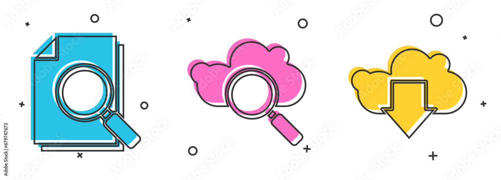 Poster set document with search, search cloud computing and cloud download icon. vector