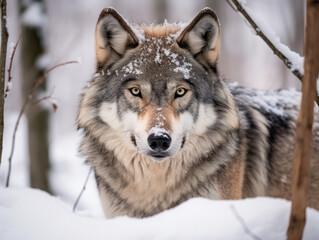 Obraz premium Wolf in Snow Forest, Generative Ai
