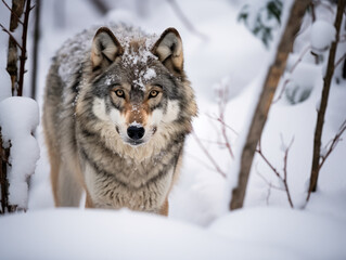 Obraz premium Wolf in Snow Forest, Generative Ai