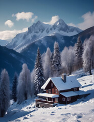 Fototapeta premium House in the mountains. Winter mountain landscape. Snowy winter in the mountains. Snowy landscape on a winter mountain. Snowy cottage in the mountains. generative AI