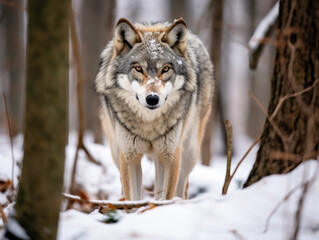 Naklejka na ściany i meble Wolf in Snow Forest, Generative Ai