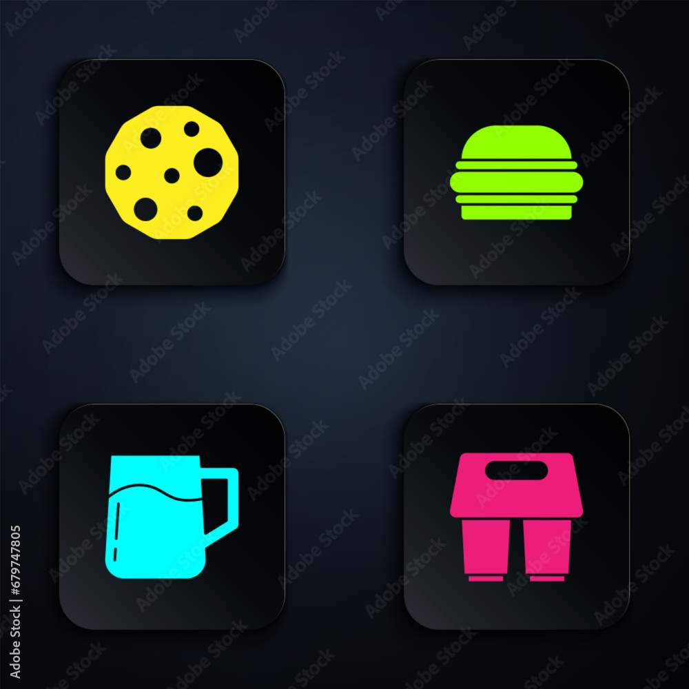 Wall mural set coffee cup to go, cookie or biscuit, wooden beer mug and burger. black square button. vector