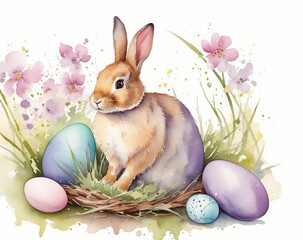 A watercolor illustration for a Happy Easter greeting card featuring a rabbit surrounded by flowers and Easter eggs. Perfect for Easter-themed content.