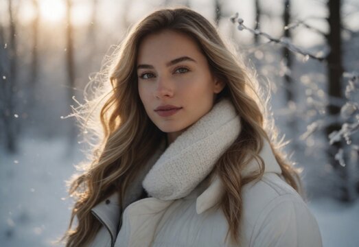 Beautiful girl on the background of a winter landscape. AI