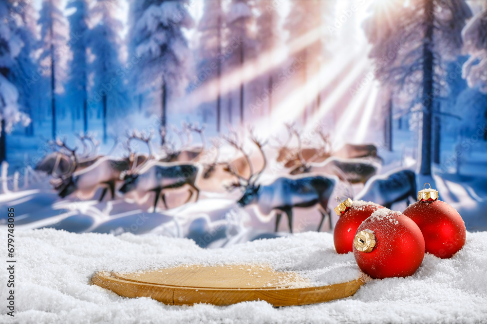 Poster Winter backgoround of snow and empty place for your decoration. Blurred landscape of forest and reindeers. Chrismtas magic time. Mountains and trees. Cold december day. Mockup background and frost. 