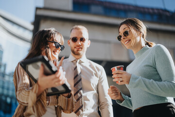 Businesspeople collaborate outdoors in the city, sharing ideas on market trends, strategic planning, and sales strategy. This corporate team focuses on business expansion.