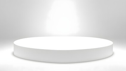 Podium on White Background. Empty White Round Podium with Spotlight on a White Background. Empty White Stage for Product Presentations.	