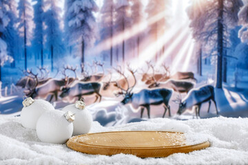 Winter backgoround of snow and empty place for your decoration. Blurred landscape of forest and reindeers. Chrismtas magic time. Mountains and trees. Cold december day. Mockup background and frost. 