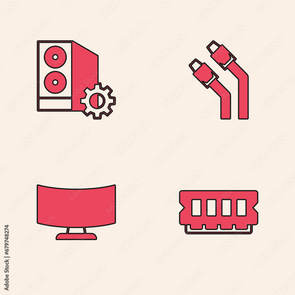 Poster set ram, random access memory, case of computer, lan cable network internet and computer monitor scr