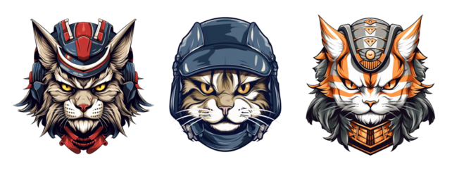 set of cat head mascots wearing helmets