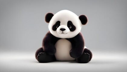 Cute beautiful plush panda on a gray background, cute toy, beautiful big panda smiling
