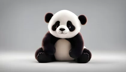 Foto op Plexiglas Cute beautiful plush panda on a gray background, cute toy, beautiful big panda smiling © ti555design
