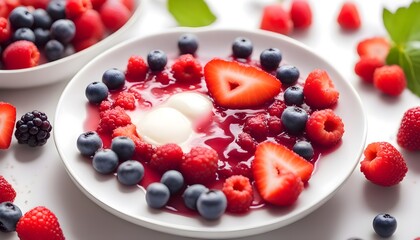 Berry breakfast in a white plate, on a white background, white light
