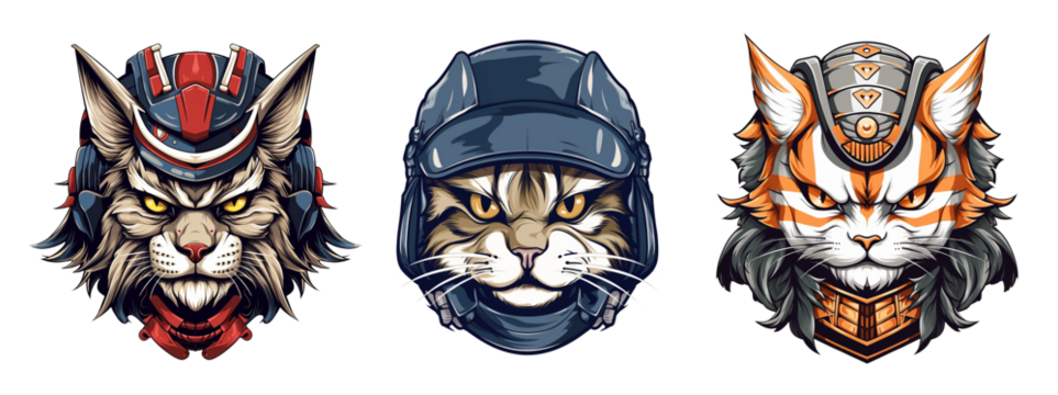 set of cat head mascots wearing helmets