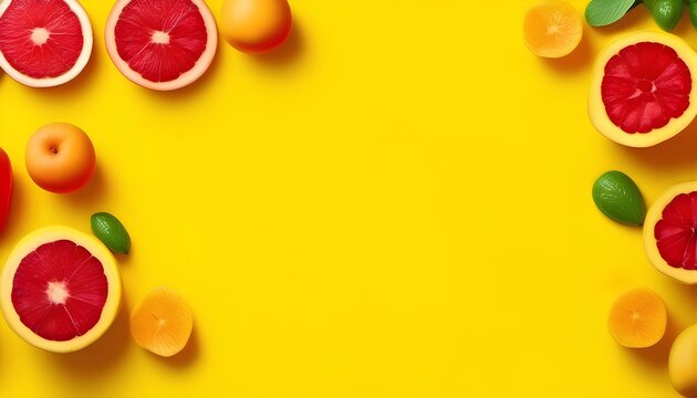 Fresh grapefruit and orange on a yellow background, top view, citrus fruit slices