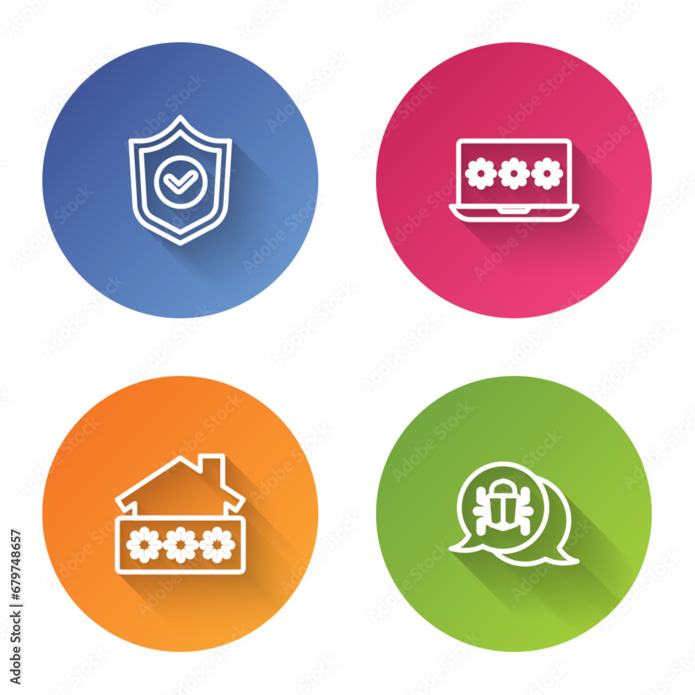 Poster set line shield with check mark, laptop password, house and system bug. color circle button. vector