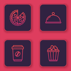 Set line Pizza, Coffee cup to go, Covered with tray and Popcorn in box. Blue square button. Vector