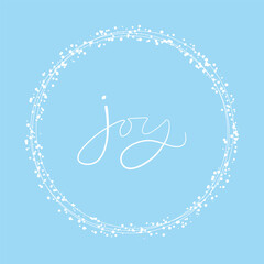 Minimalistic Winter snowing greeting card with lettering text Joy. Vector illustration
