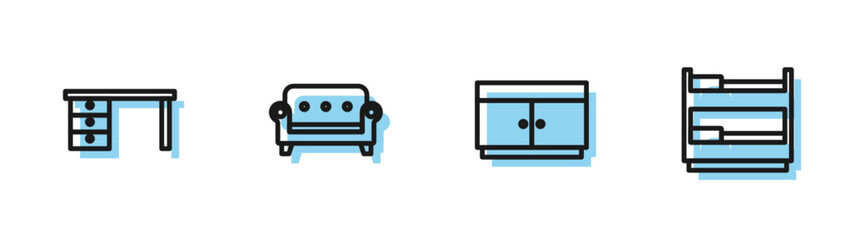 Set line Chest of drawers, Office desk, Sofa and Bunk bed icon. Vector