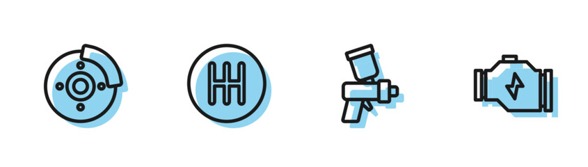 Set line Paint spray gun, Car brake disk with caliper, Gear shifter and Check engine icon. Vector