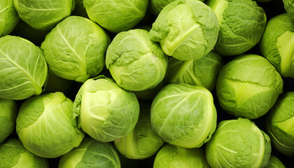 Top view of green Brussels sprouts close up background. Healthy food green vegetables.