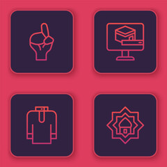 Set line Hands in praying position, Shirt kurta, Kaaba mosque and Muslim Mosque. Blue square button. Vector