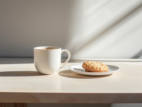 Photo white mug mock up blank template for your design advertising logo, white coffee cup with the bread on the white table,  With Generative AI technology
