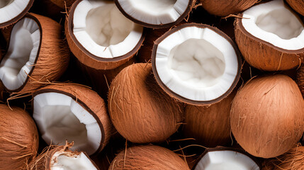 High angle view photography of fresh coconuts. Coconuts market background.