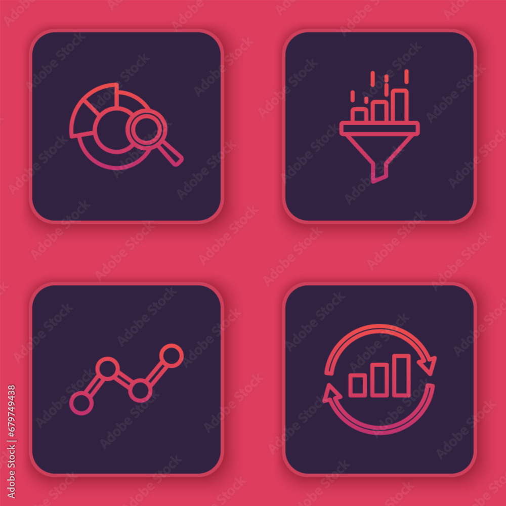 Poster set line search data analysis, graph chart infographic, sales funnel with and . blue square button. 