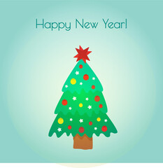 Star, decoration balls and light bulb chain decorated christmas tree. Flat style vector illustration. Merry Christmas, Happy New Year.