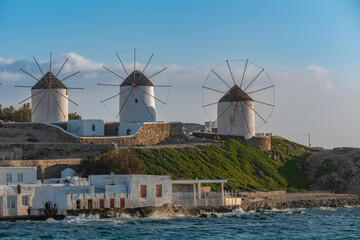The iconic Mykonos windmills Mykonos island, Cyclades Islands, Aegean Sea, Greece, Built by the...