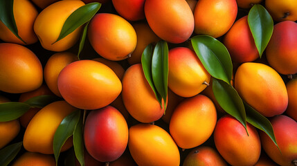 Orange coloured mangoes top view photography. - obrazy, fototapety, plakaty