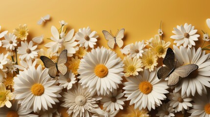 Obraz premium Beautiful Wild Flowers Daisies Butterfly Morning, HD, Background Wallpaper, Desktop Wallpaper