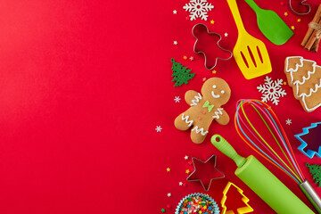 Homemade holiday delicacies fill Christmas with warmth and flavor. Top view photo of cookies, candies, baking utensils, baking molds, snowflakes, stars on red background with ad panel